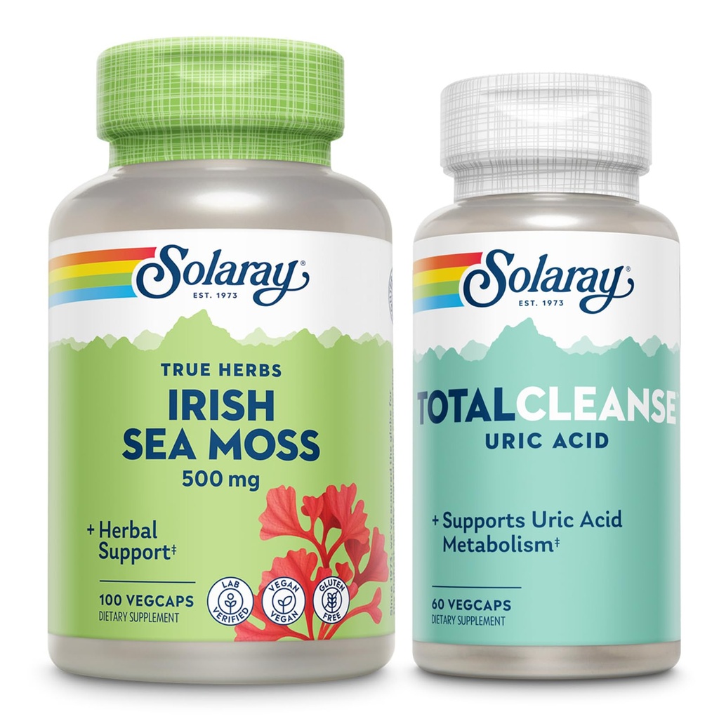 SOLARAY Irish Sea Moss and Total Cleanse Uric Acid - Wellness and Joint Health Bundle w / Naturligvis Occurring Vitamin, Minerals, Live Bacteria, Plus Tart Cherry, Gurkemeje og Selleri Seed, 100 / 60ct