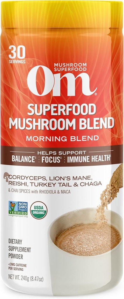 Om champignon Superfood Morning Energy Blend Mushroom Powder Drikke, 8.47 Ounce Canister, Kaffe Free Energy Drikke med Cordyceps, Vitamin D2, Agaricus Bisporus, Lions Mane, Rhodiola, og Tyrkiet Tail