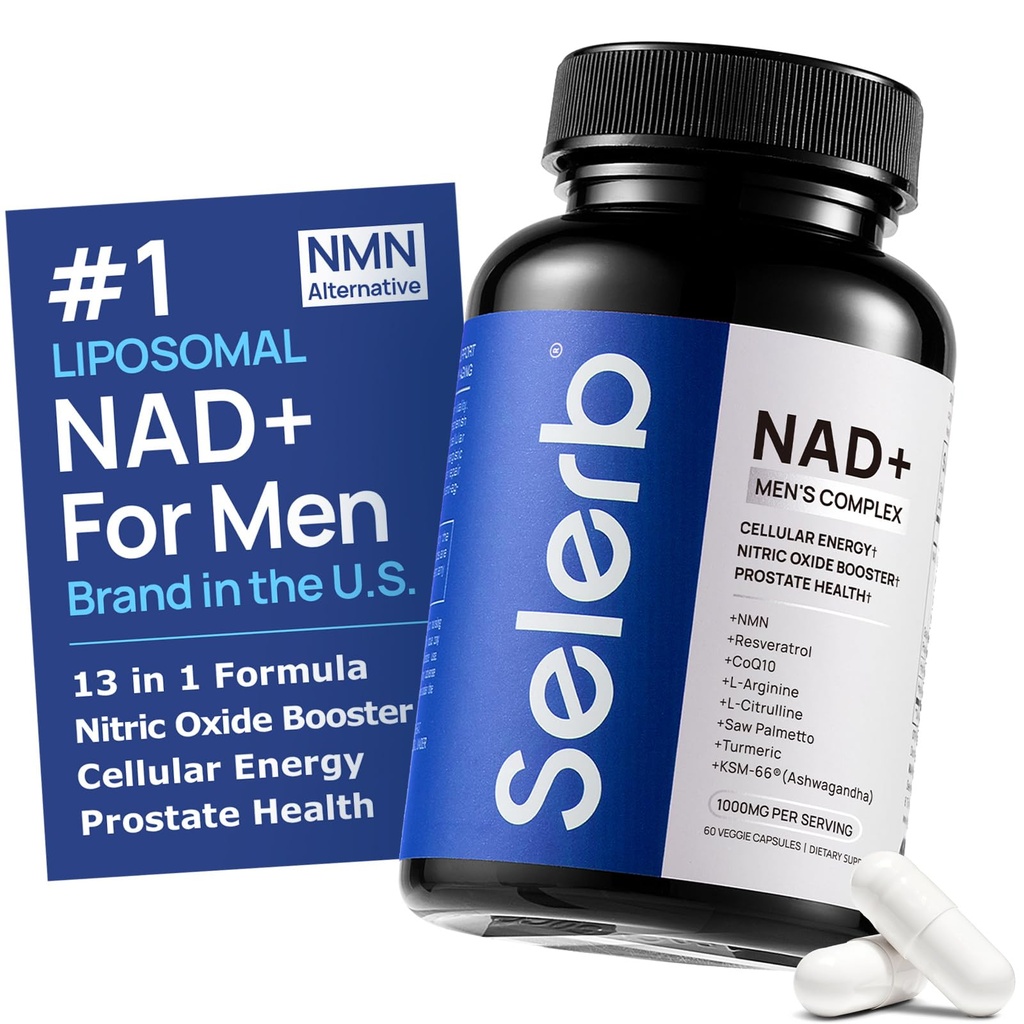 NAD + Kosttilskud til mænd - Kvælstoxidprostatatilskud til mænd med Resveratrol, CoQ10, L Citrullin og Lycopen til anti-aging, Stamina og cellulær energistøtte 60 kapsler