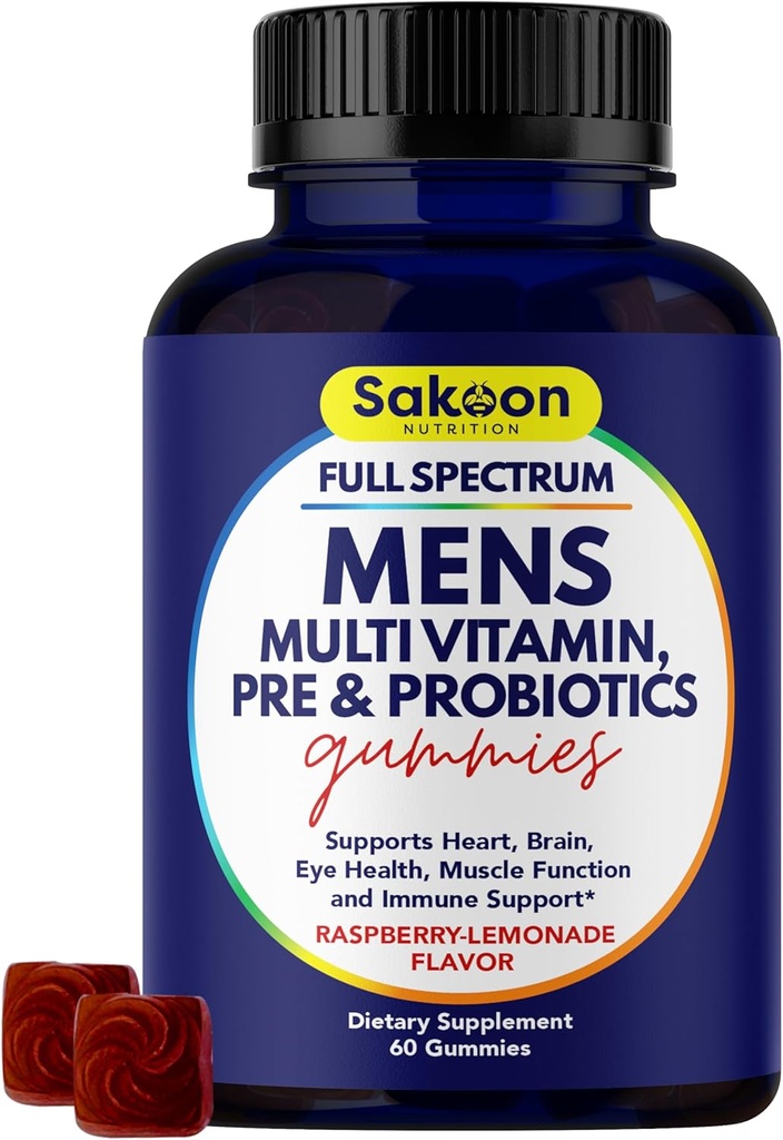 Sakoon ernæring Mænd Multivitamin Gummies med Probiotika og Prebiotika, Voksen Multivitamin A, C, D, E, B & Mere, Support Immun, Energi, Sundhed, 60 Greve