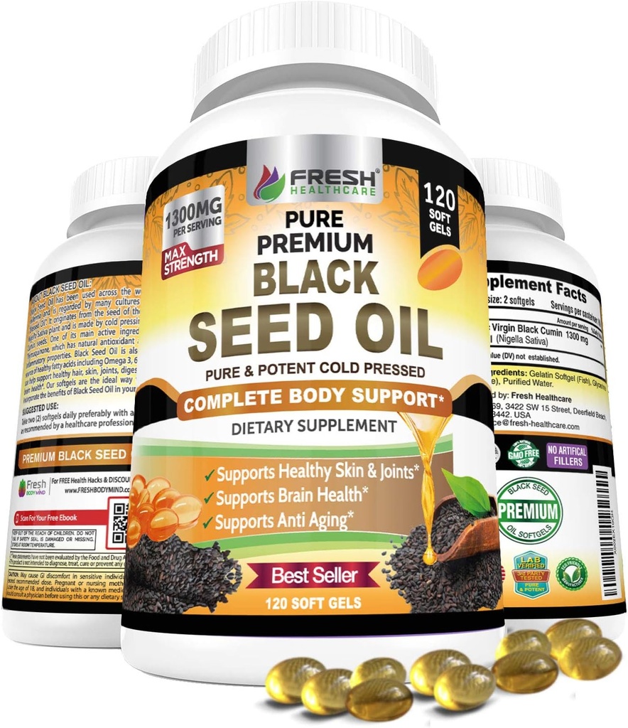 FRESH METHCARE Black Seed Oil Capsules Cold Pressed 1300mg - 100% Pure Non- GMO Nigella Sativa - immunforsvar & fælles støtte - Premium Softgel supplement