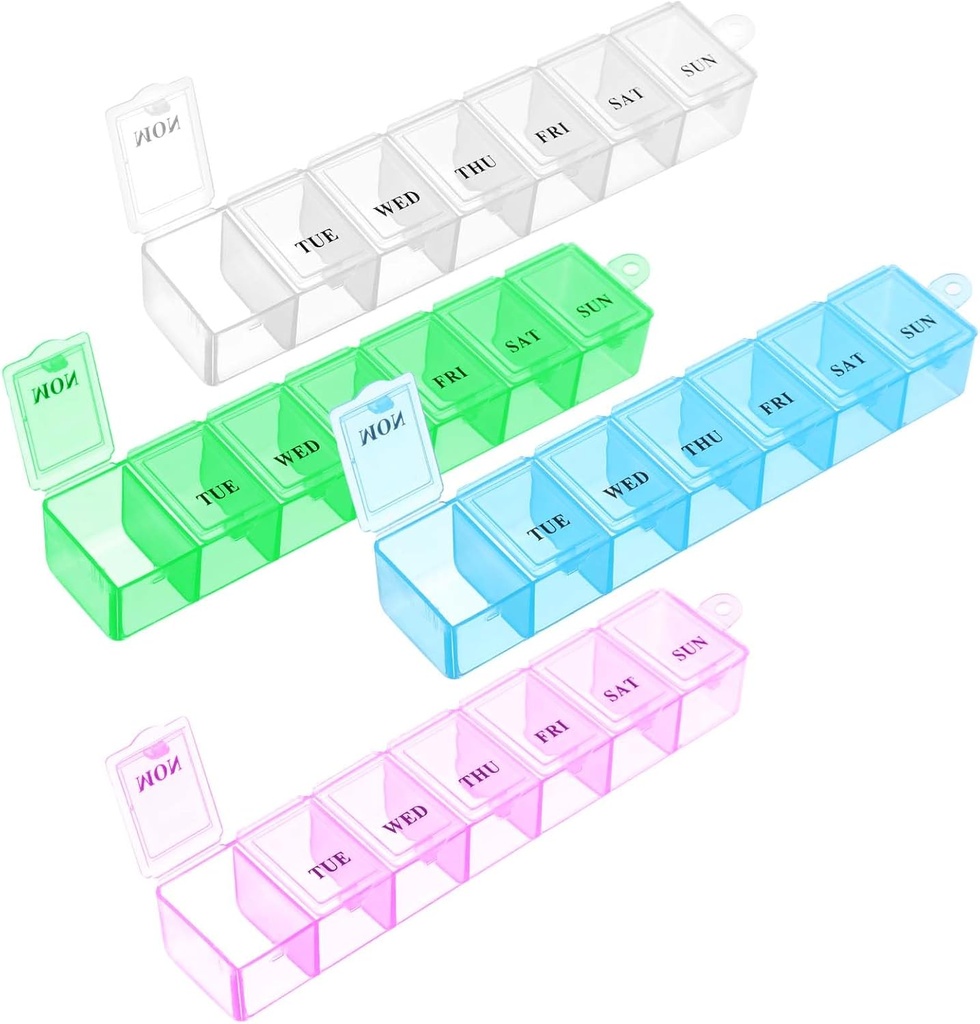Ugentlig Pill Organizer, 4Pcs 7 Day Pill Case Daglig Vitamin Case Medicine Box Portable Medicine Organizer med Segment 4 Farver AM PM Pill Containers for Medicine Supplements Fish Oil