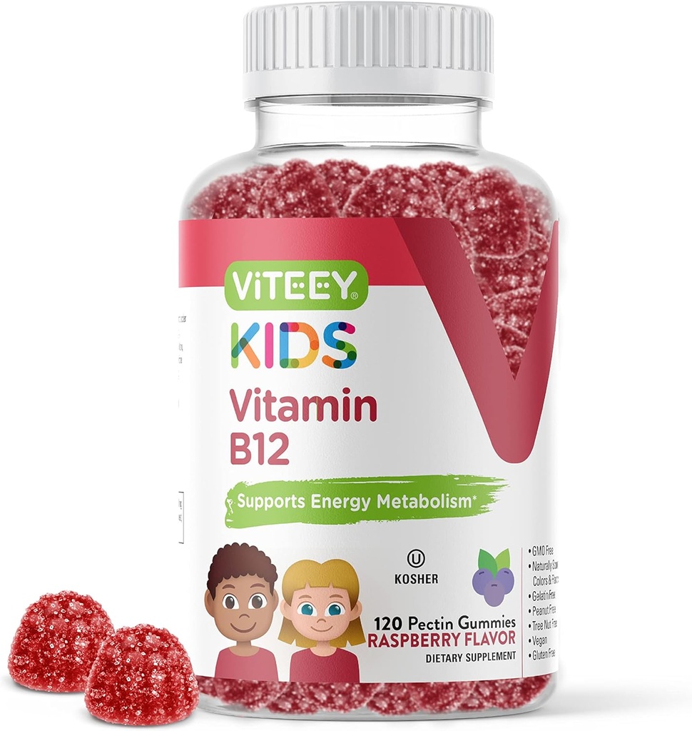 Viteey Vitamin B12 til børn Gummies, 1000mcg - Metabolisme, Natural Energy Support - Vegan, Gelatine fri, Gluten fri, GMO fri - Tasty Chewable B12 Raspberry Flavored Gummy