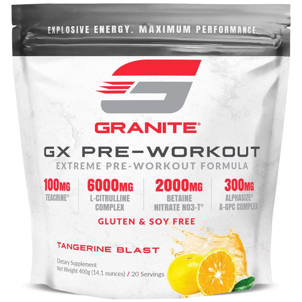 Granite GX Pre Workout Supplement, Tangerine Blast Flavor, Understøtter fokus, energi, & Performance med Teacrine, L- Citrullin, Betaine, & A- GPC (20 Servere)