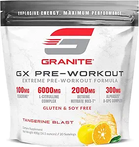 Granite GX Pre Workout Supplement, Tangerine Blast Flavor, Understøtter fokus, energi, & Performance med Teacrine, L- Citrullin, Betaine, & A- GPC (20 Servere)