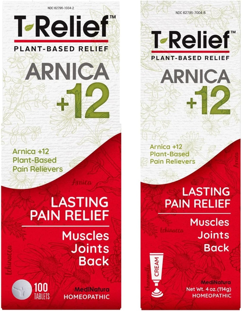 MediNatura T-Relief Arnica +12 Natural Pain Relievers 100ct Tablets T-Relief Natural Pain Relief Arnica +12 4oz Cream Bundle