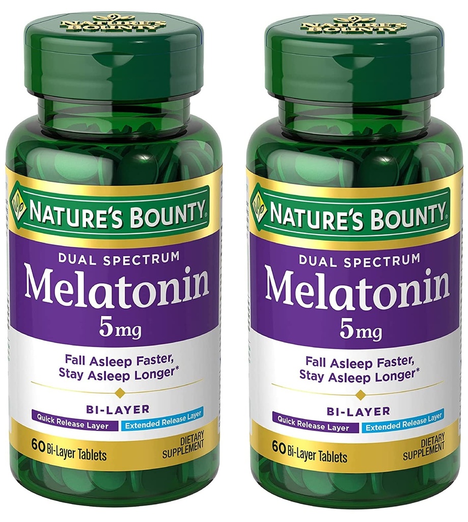 Nature 's Bounty Melatonin 5mg Dual Spectrum, 100% Drug Free Sleep Supplement, Quick Release og Extended Release, Promodes Afslapning og Sleep Health, 60 Bi- Layer Tablets (pakke med 2)