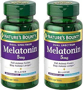 Nature 's Bounty Melatonin 5mg Dual Spectrum, 100% Drug Free Sleep Supplement, Quick Release og Extended Release, Promodes Afslapning og Sleep Health, 60 Bi- Layer Tablets (pakke med 2)