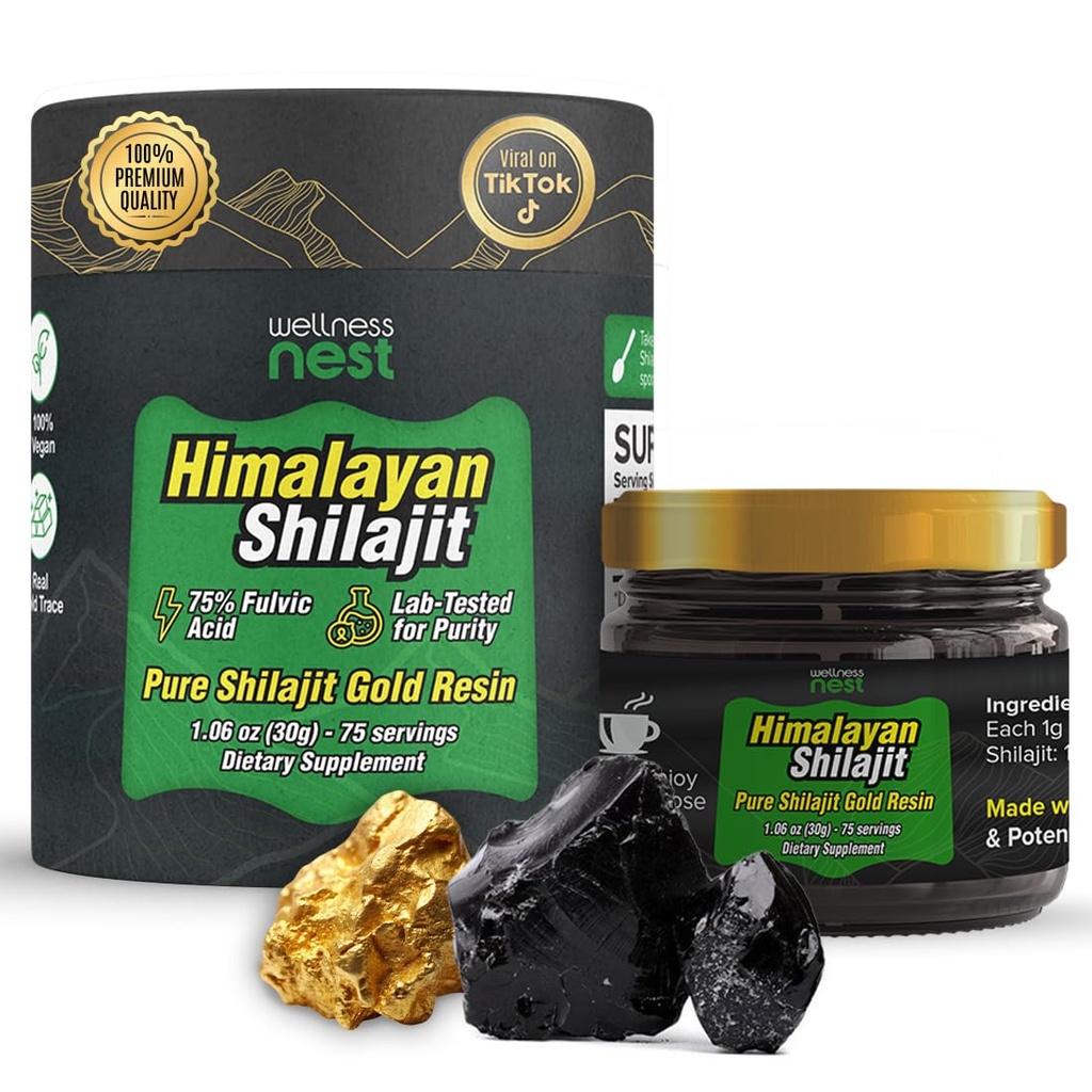 Wellness Nest Gold Grade Pure Himalayan Shilajit Resin: Ultimate Potency for Mænd & Kvinder - 24k Guld, 75% + Fulvic Acid, Lab Test Report Inkluderet - 30g (1 Pack), 75 Servere