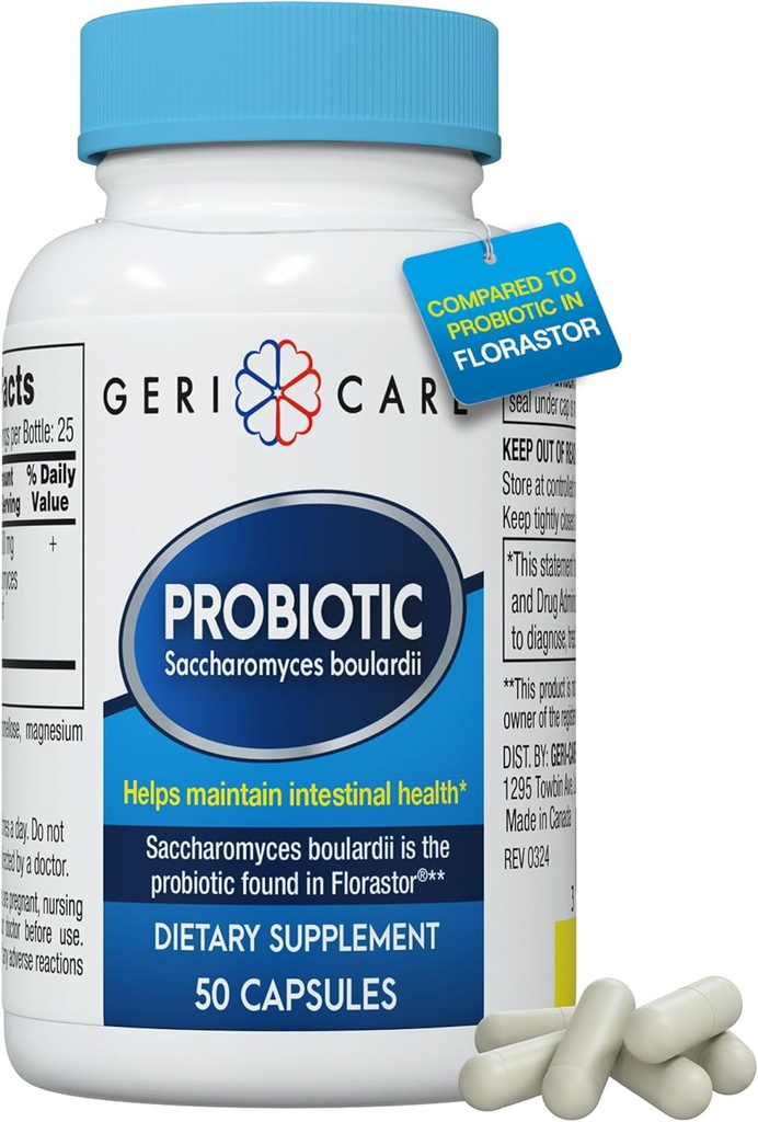 GeriCare S. Boulardii Probiotic Saccharomyces Boulardii - Probiotika til fordøjelsessundhed for kvinder & mænd - 500mg - Sammenlign med den aktive ingrediens i Florastor Probiotic Gut Formel (50 kapsler)