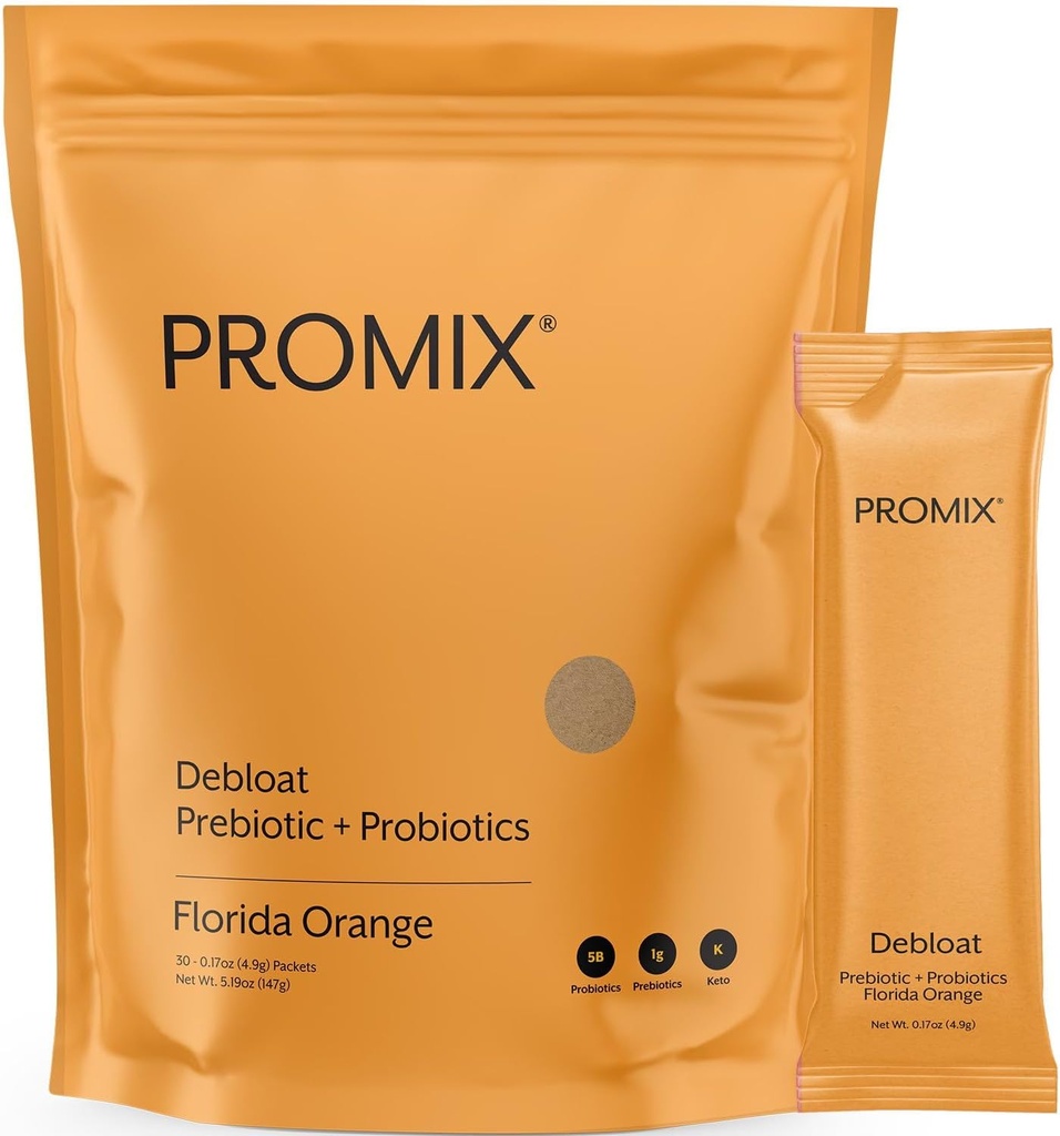 ProMix Nutrition Debloat Prebiotics and Probiotics with Baobab - Rich in Vitamin C, Bloating Relief, Immunsupport - Orange - 30 Servere (Pack of 30)