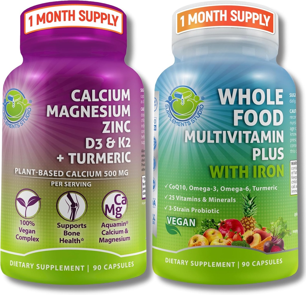 Vegansk fuldfoder Multivitamin med jern + plant- baseret calcium, Magnesium, zink, D3, K2 & gurkemeje - Vegansk daglig støtte til energi, bensundhed, immunitet & Samlet Wellness Trio