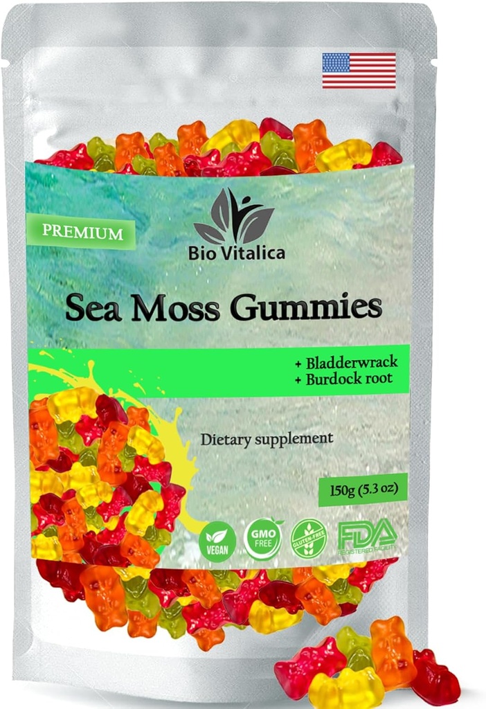 Sea Moss Gummies - Irsk hav Moss rå Organic, Bladderwrack, Burdock Root. Indeholder Sea Moss Gel og Powder. Superfood til Vegan, Keto og Dr. Sebi Diet. Immunboosting (1, Original)