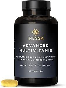 Inessa Metyleret Multivitamin til mænd og kvinder - Avancerede naturlige Daglige Herre Multivitaminer med CoQ10 100mg, Vitamin D3, K2, A, B Complex Vitamin, Folinsyre & Zink - 60 Vegan tabletter
