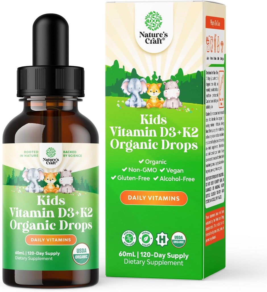 Natures Craft Kids Vitamin D3 K2 Drops - Organic Vitamin D for Kids for Strong Bones & Joints - Spædbørn, Babyer & Toddler Immunsupport Drops flydende supplement - 60 ml flaske
