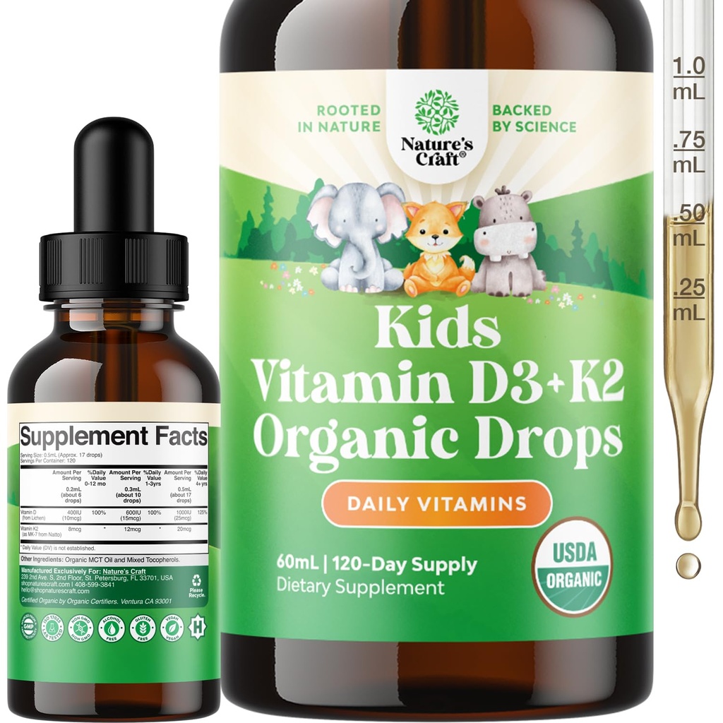 Natures Craft Kids Vitamin D3 K2 Drops - Organic Vitamin D for Kids for Strong Bones & Joints - Spædbørn, Babyer & Toddler Immunsupport Drops flydende supplement - 60 ml flaske