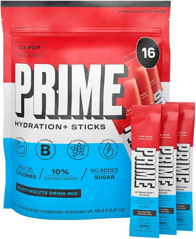 PRIME HYDRATION + Sticks ICE POP- 124; Hydration Powder Single Serve Stick-124; Electrolyte Powder On the Go-124; Lavsukker-124; Kaffe- fri • 124; Vegan-124; 16 Sticks