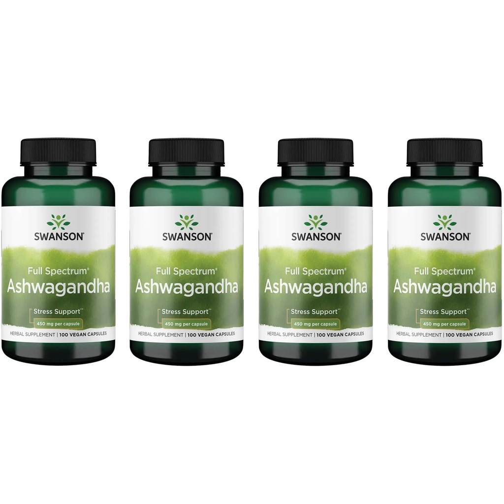 Swanson Ashwagandha Powder Supplement - med Ashwagandha Root til at fremme stress Relief & Energy - Ayurvedic Supplement for naturlige wellness (100 kapsler, 450mg hver) 4 pakke