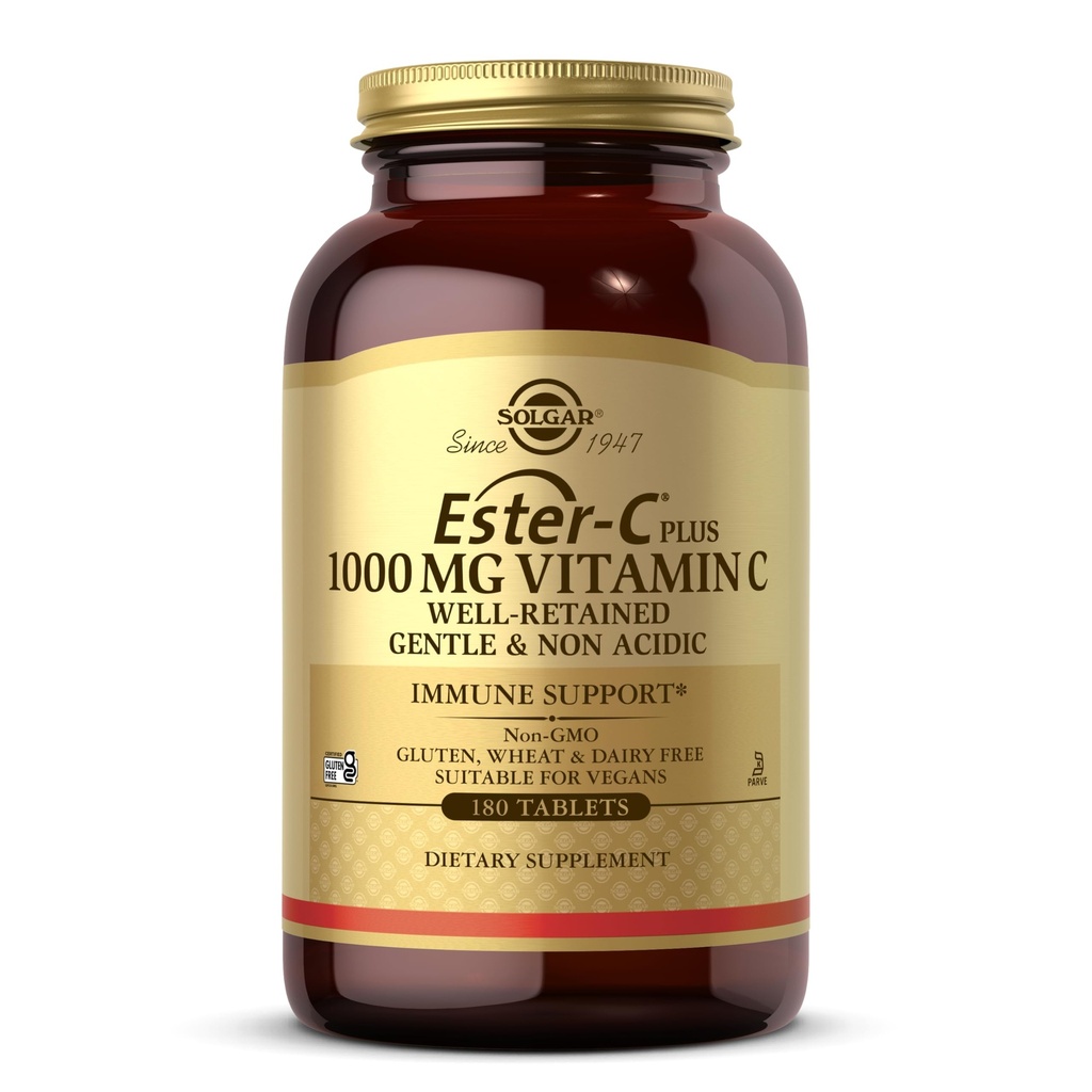 Solgar Ester- C Plus 1000 mg C-vitamin (Ascorbat Complex) - 180 tabletter - Tunge & ikke-syreholdige - understøtter øvre luftvejssundhed - ikke-GMO, Gluten- fri - 180 Serveringer
