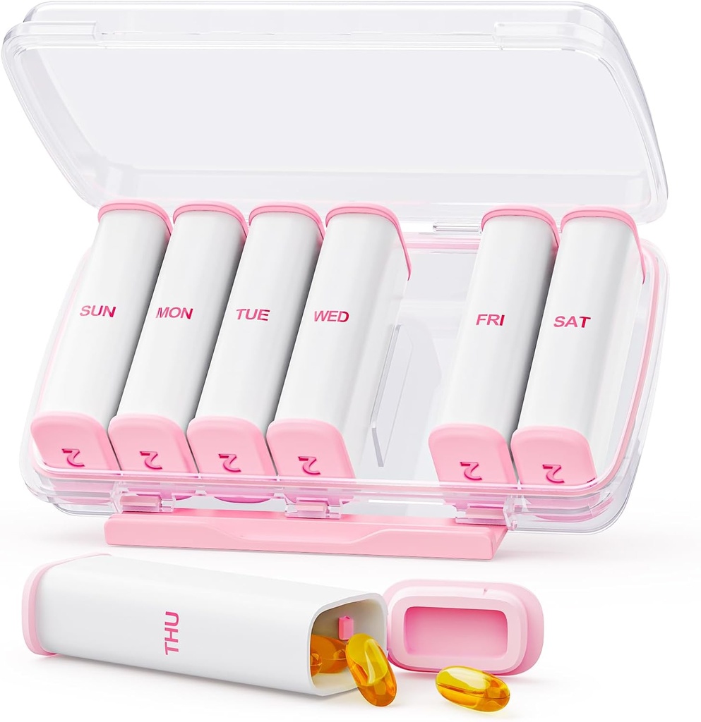 Pink Ugentlig Pill Organizer 2 gange om dagen med Dual Damp- Proof Design, Bærbar AM PM Pill Box 7 dag, Aftagelig Pill Case til Pocket, Purse, Stor Pill Container til Vitaminer, Fiskeolier