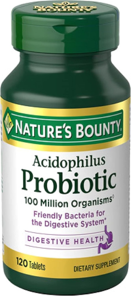 Nature 's Bounty Lactobacillus Acidophilus Probiotic Supplement - Daglig Probiotisk for kvinder / mænd fordøjelsessygdomme, 100 Millioner Organismer, Vegetar, 1 Servering per dag, 120 tabletter