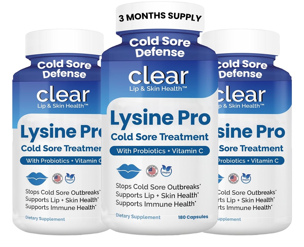 Lysin Cold Sore Treatment for Lips - med Lactobacillus Rhamnosus, Acidophilus og C-vitamin - Cold Sore Supplement for Lip & Hud Sundhed, immunforsvar & Forebyggelse - 180 kapsler