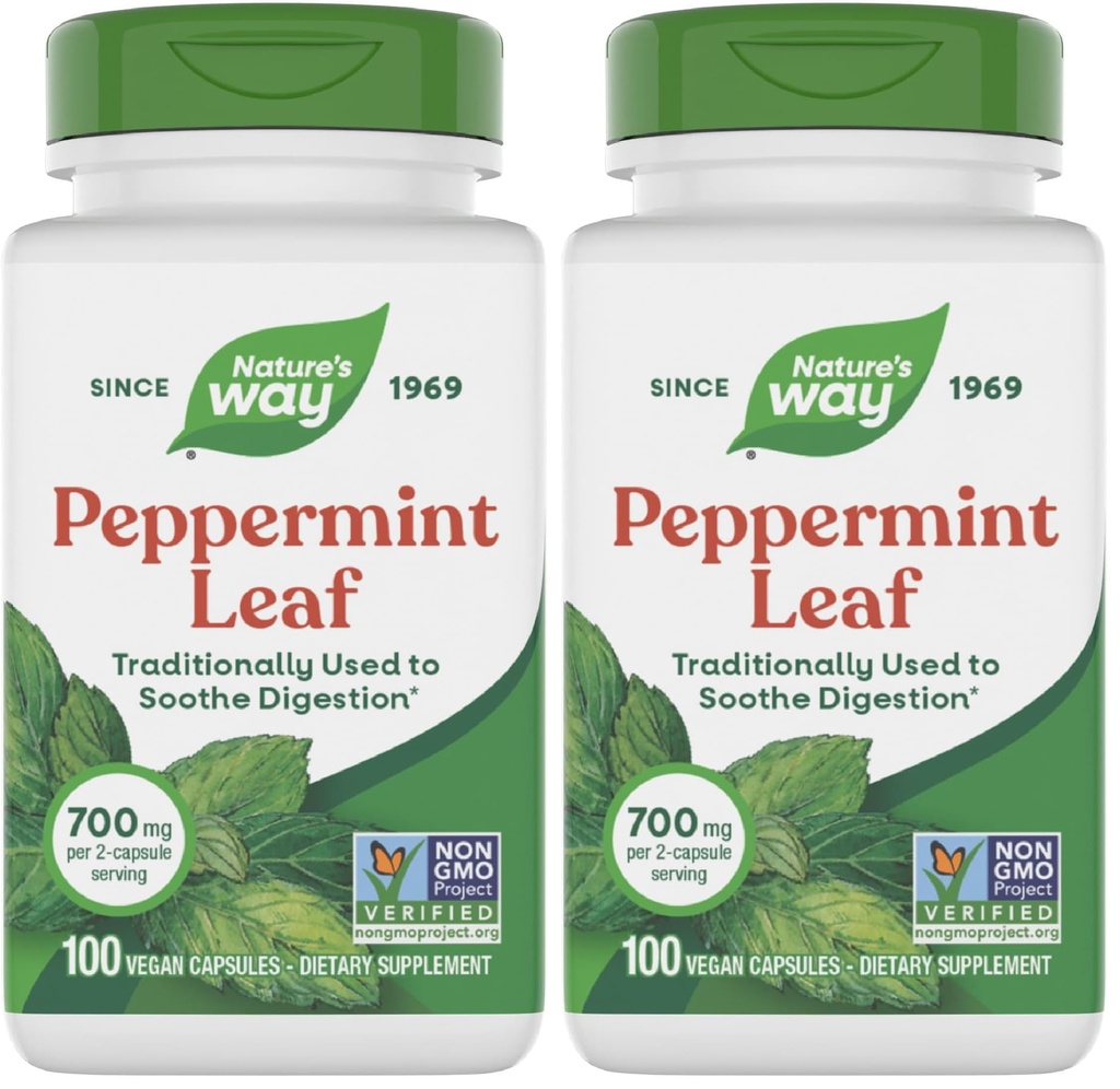 Nature 's Way Premium Herbal Peppermint Leaf, Traditionel fordøjelsesbesvær og discomfort support *, 700mg per servering, 100 kapsler (pakke med 2)