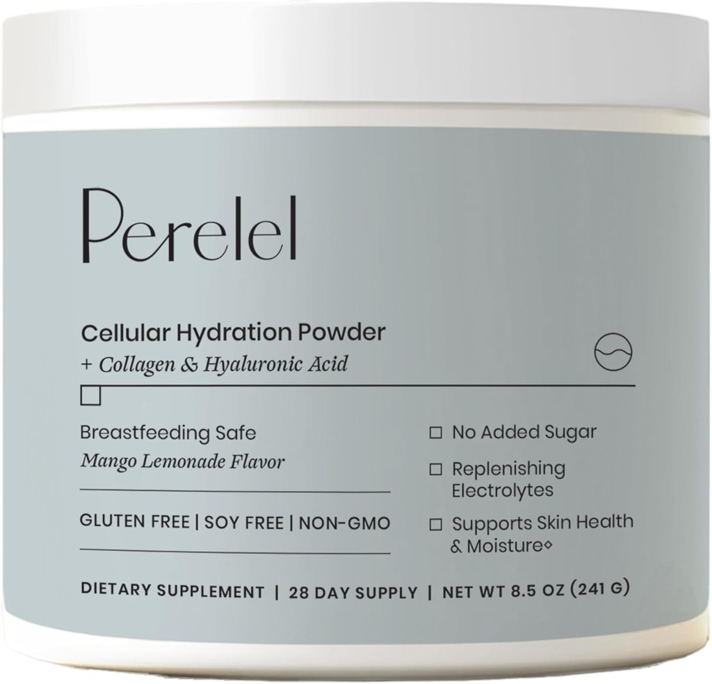 Perrelel Hydration Powder, Electrolyte Supplement med Collagen & Hyaluronic Acid, Mango Lemonade Flavor, Soy & Gluten Free, Ikke GMO, Ingen tilsat sukker, 28 Servere