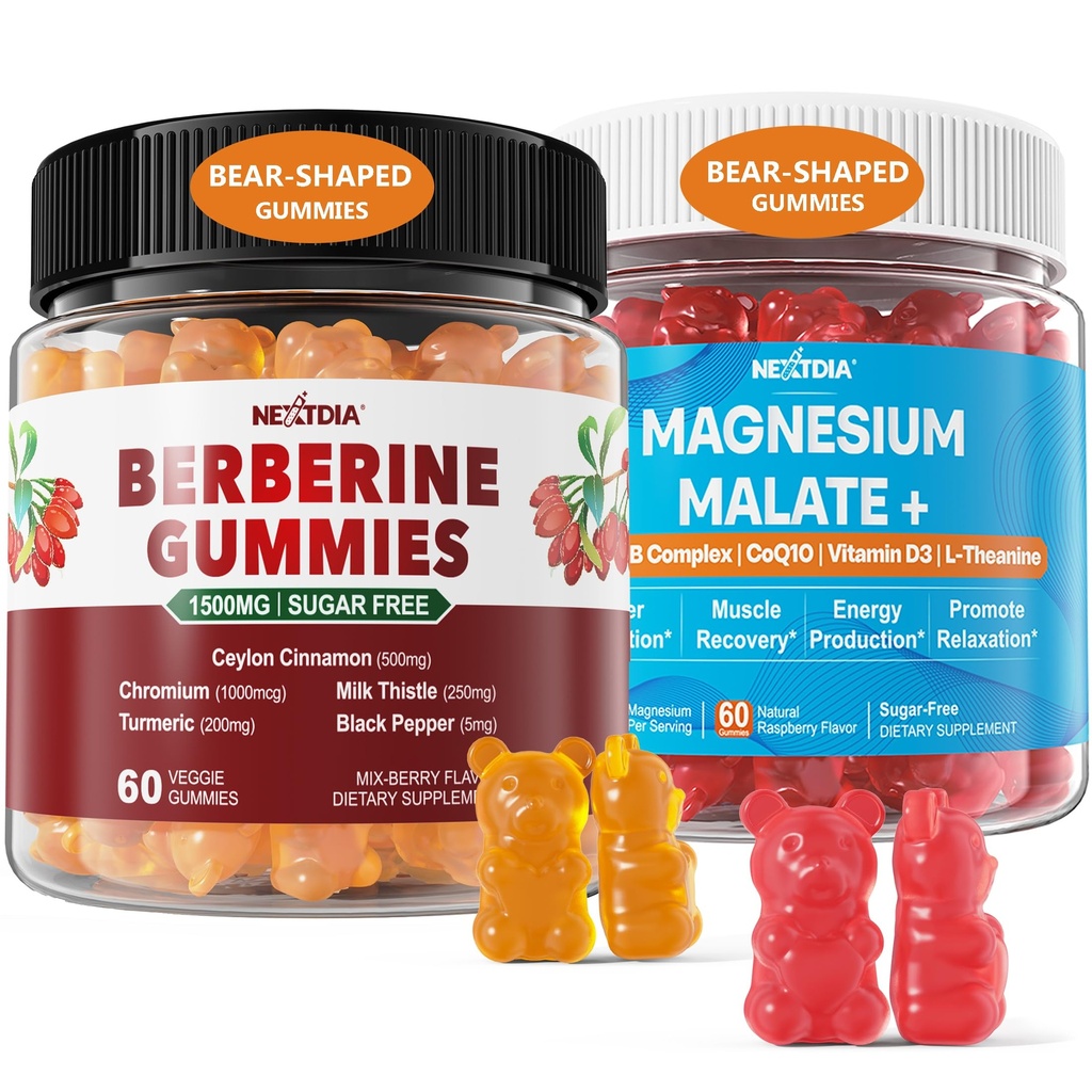 2Pack Berberine Supplement Gummies 1500mg + 2Pack Magnesiummalat med CoQ10- 100mg Gummies