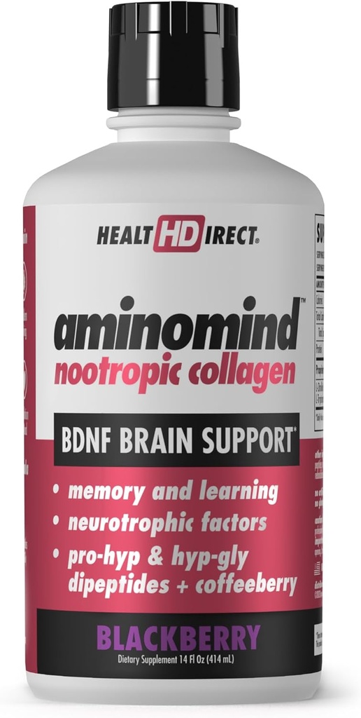 SUNDHEDSDIRECT - AminoMind - Nootrop Collagen Supplement for Hjerne Sundhed og BDNF - Pro- Hyp & Hyp-Gly Dipeptider, Coffeeberry Antioxidanter - BlackBerry - 14 Fl Oz (28 Servere)