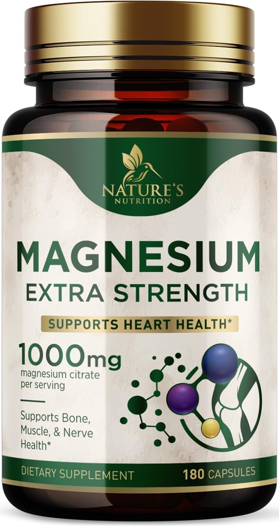 Magnesium Mineral Supplement 1000 mg - høj potens Magnesium Citrate for ben, hjerte sundhed, nerver & muskel support, Nature 's Magnesium Complex for hele kroppen støtte, flaske i USA - 180 kapsler