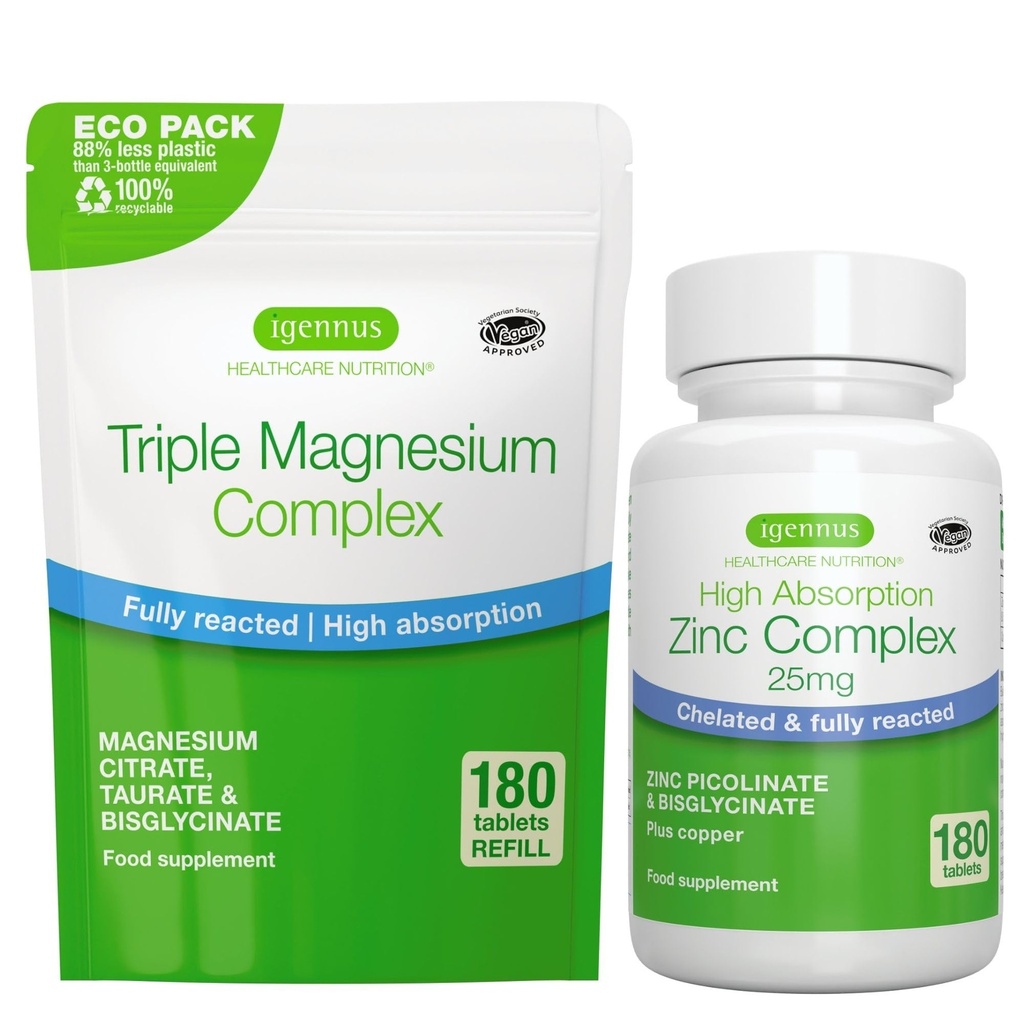 Triple Magnesium Complex 180 Tablets + Zink Complex Vegan Bundle, High Absorption Chelated Magnesium + 25 mg Chelated Zinkpicolinat & Bisglycinat med kobber, ved Igennus