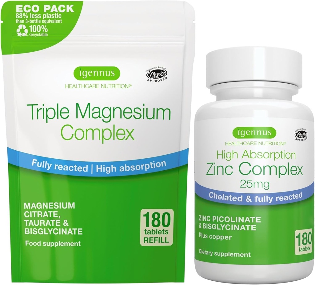 Triple Magnesium Complex 180 Tablets + Zink Complex Vegan Bundle, High Absorption Chelated Magnesium + 25 mg Chelated Zinkpicolinat & Bisglycinat med kobber, ved Igennus