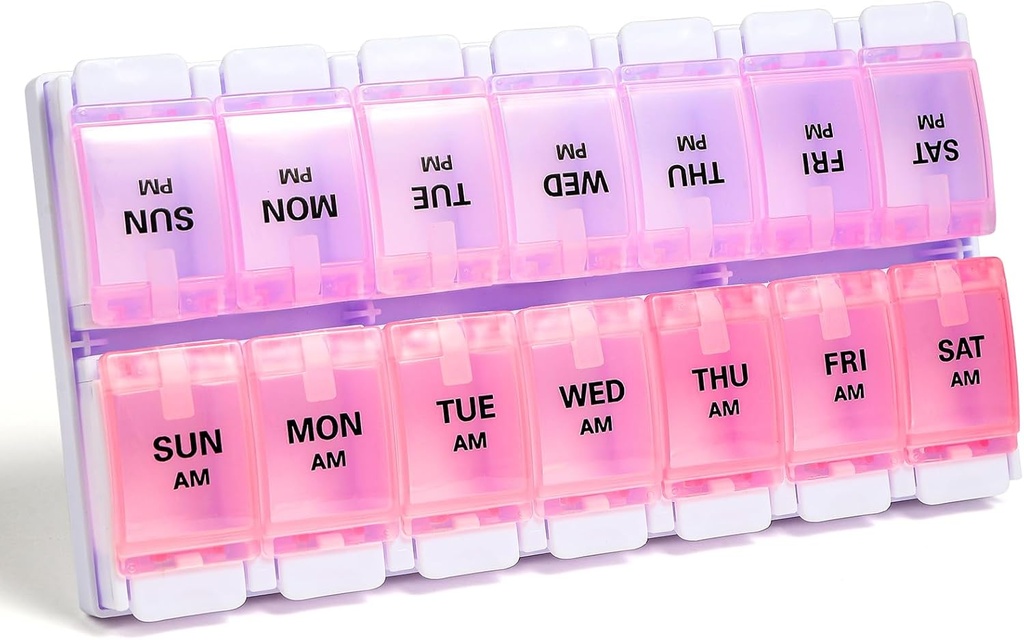 Sukuos AM PM Weekly Pill Organizer 7 dag, 2 gange en dag medicin pill boks med nem trykknap, BPA gratis vitamin sager for fiskeolie / kosttilskud, let at rengøre (lilla & pink)