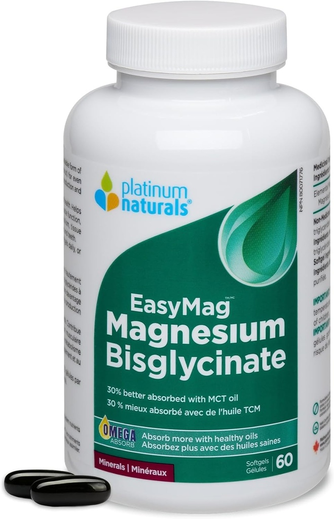 Platin Naturals EasyMag Magnesium Bisglycinate, 60 Softgels