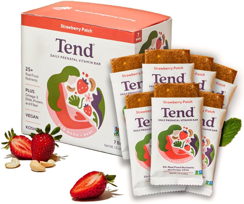 Tend Daily Best Prenatal Vitamin Bar, Lavet med økologiske ingredienser til Gravid & Postpartum Mødre, Inkluderer DHA, D-vitamin, B, Cholin, Folate, Sunflower Lecithin - Strawberry Patch (7ct)