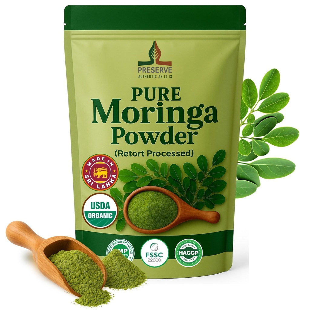 PRESERVE Pure Moringa Powder Retort Processed Oleifera Moringa Leaf Powder | Gluten-Free and Vegan | Perfect for Smothies, Drinks, Tea & Receips. Pure Super Green Food, 113g.