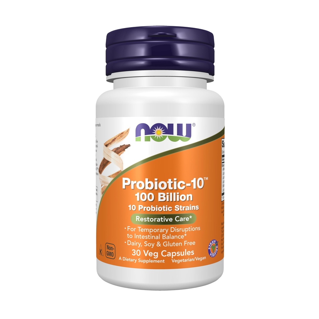 Now Foods Supplements, Probiotic- 10 ™, 100 Millioner, med 10 Probiotiske Strops, Dairy, Soy og Gluten Free, Strain Verified, 30 Veg Kapsler