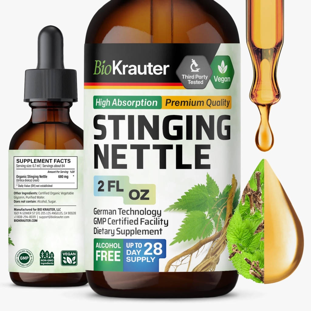 BIO KRAUTER Stinging Nettle Tinktur - Nettle Root Extract Liquid - Urinary Support - Urtica Dioica Natural Extract - Vegan, Sukker & Alkohol Free Drops 2 Fl.Oz.
