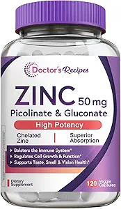 Doctor’s Recipes Zinc 50mg, Highly Absorbable Zinc Picolinate & Gluconate, Supports Natural Immune Defense, DNA & Protein Formation, Cell Growth, Non-GMO, 120 Veggie Capsules