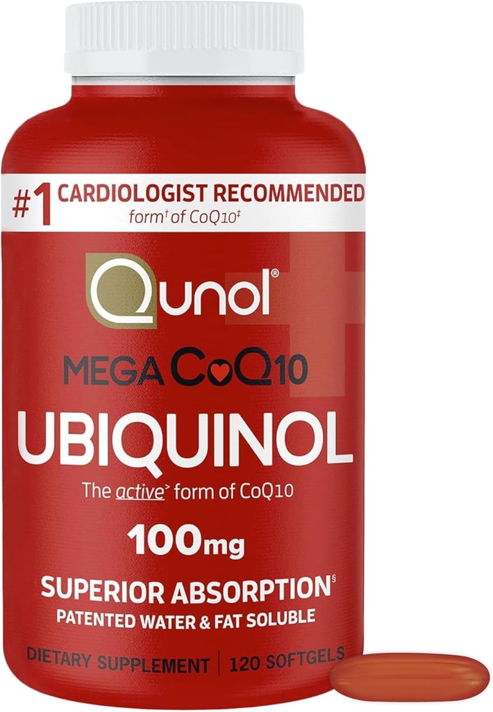 Qunol Mega Ubiquinol CoQ10 100mg, Superior Absorption, Patenteret vand og fedt Opløselig Natural Supplement Form of Coenzym Q10, Antioxidant for Heart Health, 120 Count (Pack of 1)