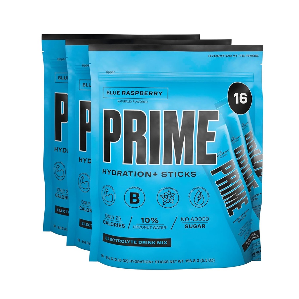 PRIME HYDRATION + Sticks Blå Hindbær Name 124; Hydration Powder Single Serve Sticks # 124; Elektrolyte Powder On The Go - 124; 250mg BCAA, B Vitaminer, Antioxidanter # 124; Lavsukkertabletter # 124; Coffein- Free