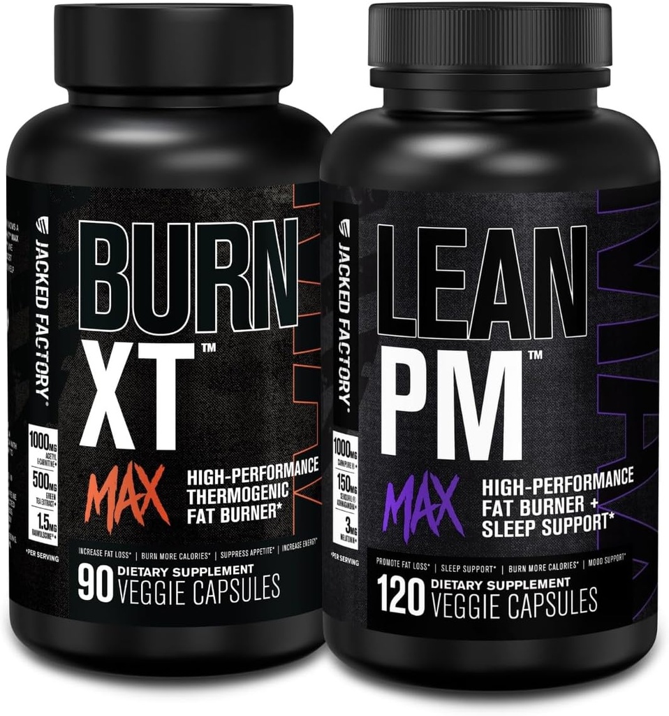 Jacked Factory Burn- XT Max - Thermogen Fat Burner & Appetite Suppressant (90 Kapsler) & Lean PM Max High- Performance Weight Tab, Fat Burner, & Appetite Suppressant (120 Kapsler)