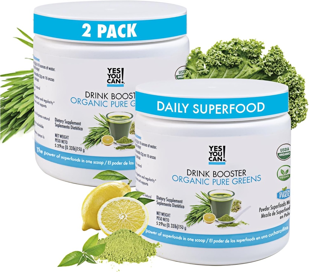 Ja, du kan! Drink Booster - Organic Green Superfood Powder Drink Mix - 2 Pack med Alfalfa Grass, Wheatgrass, Kale, Barley Grass, Lemon Juice Powder - rig på antioxidanter, vitaminer og mineraler.