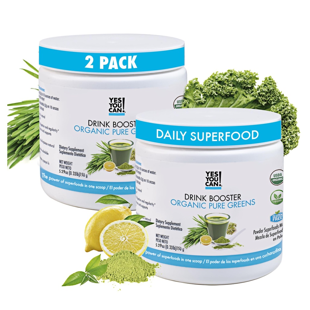 Ja, du kan! Drink Booster - Organic Green Superfood Powder Drink Mix - 2 Pack med Alfalfa Grass, Wheatgrass, Kale, Barley Grass, Lemon Juice Powder - rig på antioxidanter, vitaminer og mineraler.