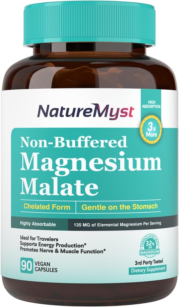 Magnesiummalat, chelated form, stærkt absorberbare, non- buffered, blid på maven, for voksne & børn, fleksibel dosis, energiproduktion, nerve & muskel funktion, 90 Veganske kapsler