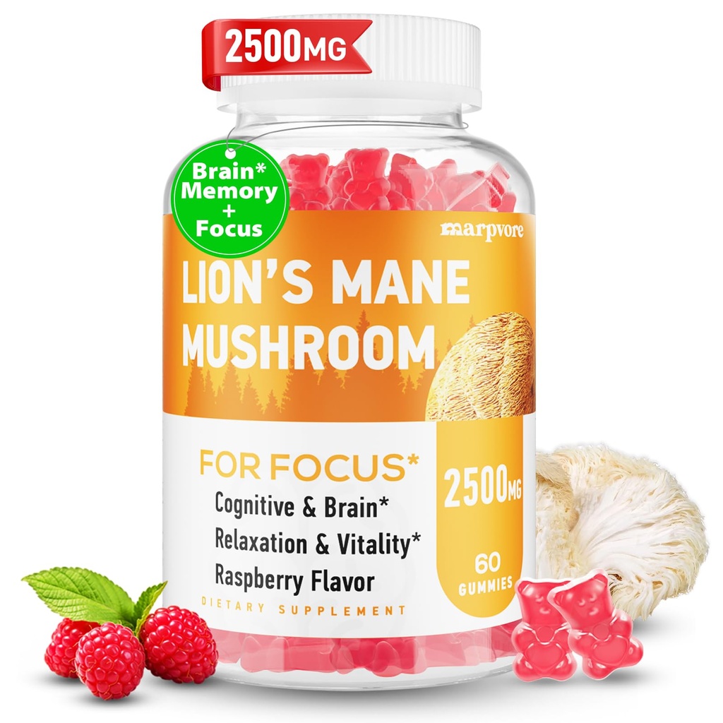 Lions Mane Gummies, Organic Lions Mane, Lions Mane Gummies for voksne, med Ashwagandha & Alpha GPC, Cortisol Kosttilskud til kvinder og mænd, 60 Counts