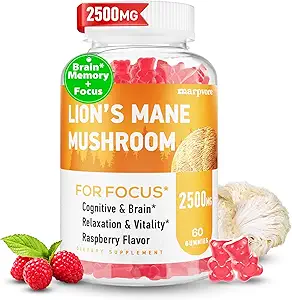 Lions Mane Gummies, Organic Lions Mane, Lions Mane Gummies for voksne, med Ashwagandha & Alpha GPC, Cortisol Kosttilskud til kvinder og mænd, 60 Counts