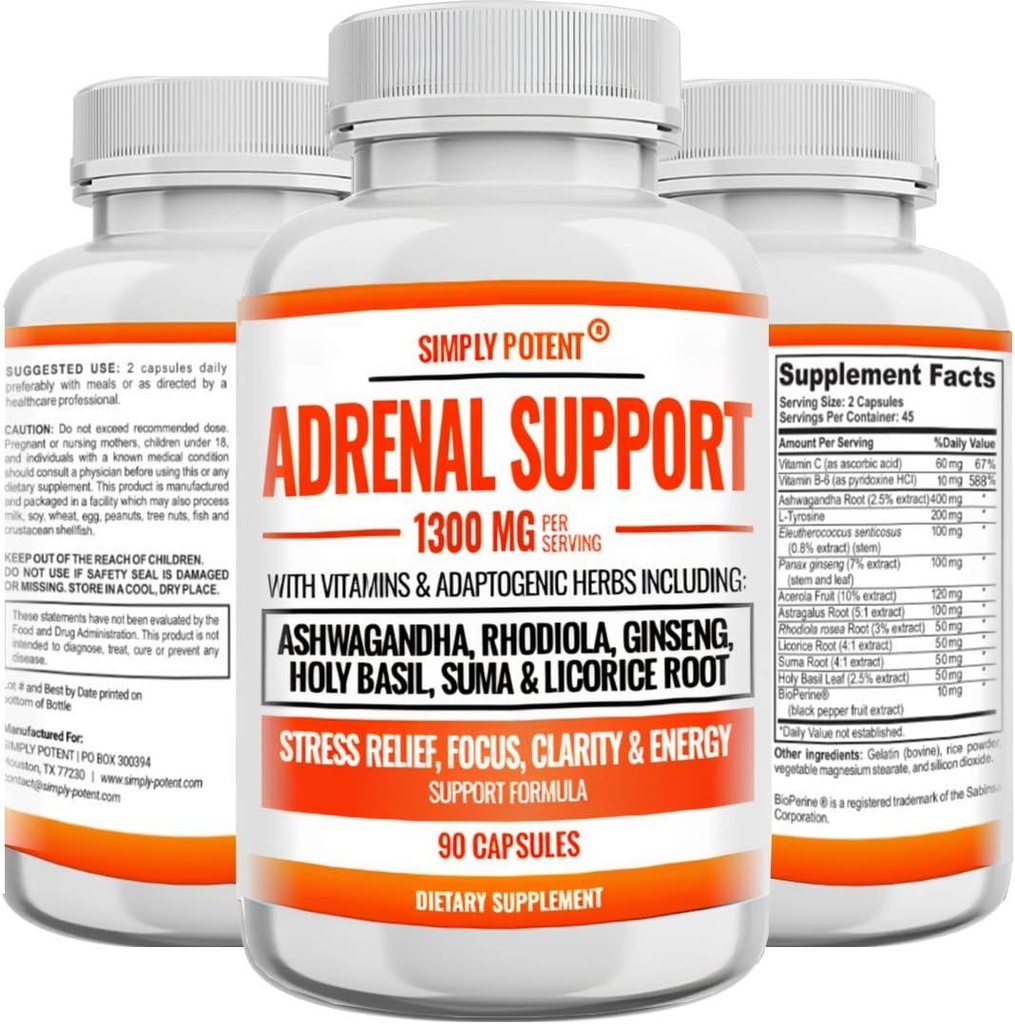Adrenal Support og Cortisol Manager - 90 kapsler, Adrenal Health Supplement med Ashwagandha, Licorice Root, Rhodiola Rosea, Ginseng, Holy Basil for binyrebark Træthed for kvinder og mænd