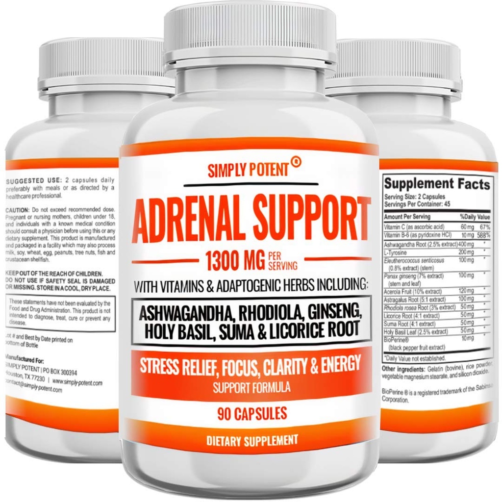 Adrenal Support og Cortisol Manager - 90 kapsler, Adrenal Health Supplement med Ashwagandha, Licorice Root, Rhodiola Rosea, Ginseng, Holy Basil for binyrebark Træthed for kvinder og mænd